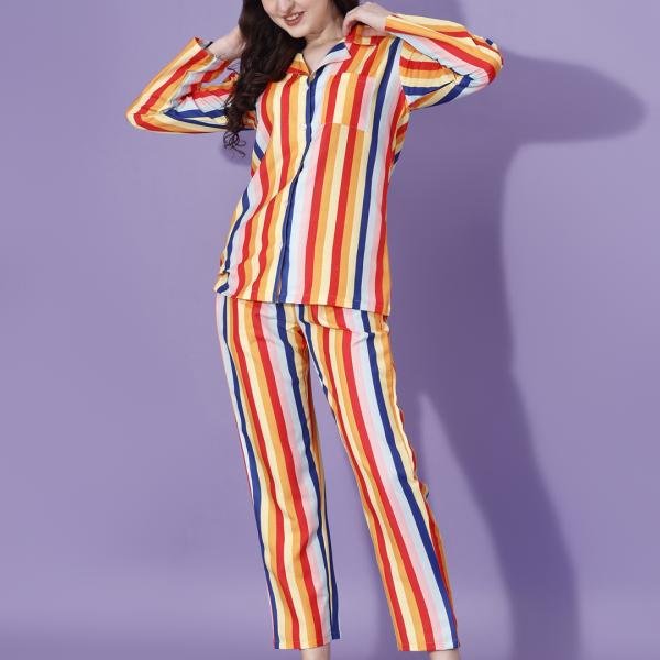 Multicolor Vertical Stripe Brown Pajama Set