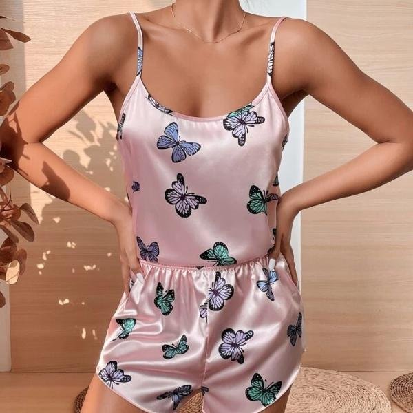 Satin Butterfly Print Women's Nightwear Shorts Set