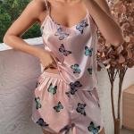 Satin Butterfly Print Women's Nightwear Shorts Set