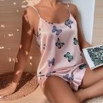 Satin Butterfly Print Women's Nightwear Shorts Set