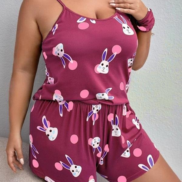 Maroon Bunny Print Shorts Nightwear Women Set