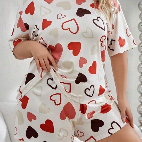 Cream White Heart Print Short Night Suit for Women