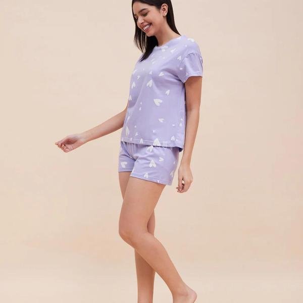 Lavender Heart Print Nightwear for Women Shorts Set